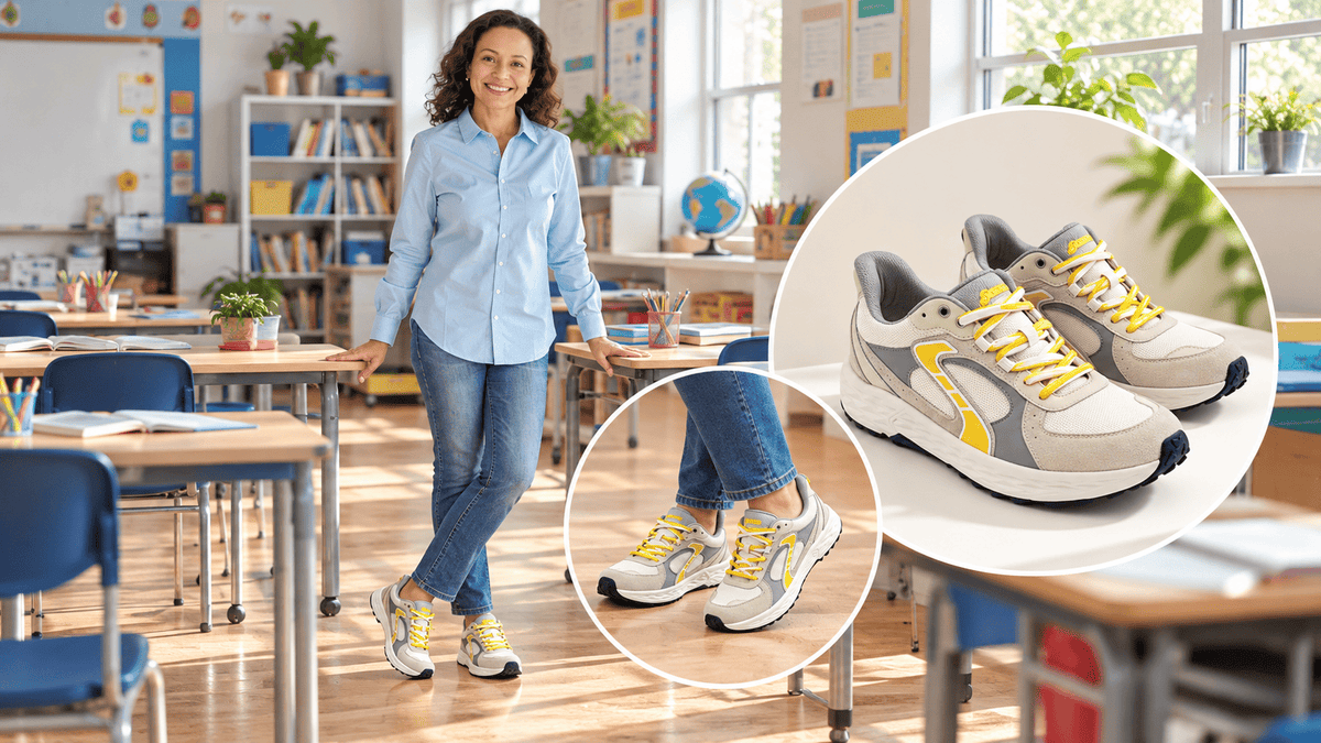 Teacher wearing Spriova cushioned walking shoes in a bright classroom, featuring comfortable footwear for long school days.